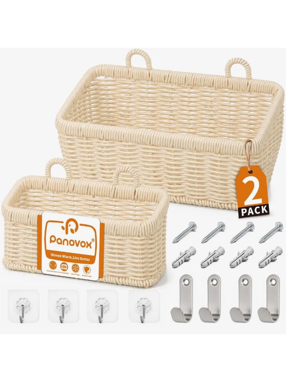 Woven Wall Hanging Baskets Set of 2 - Cream Decorative Storage with Hooks